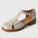 Women's Retro Woven T-Bar Sandals – Ankle Buckle Round Toe Low Block Heel