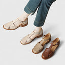 Women's Retro Woven T-Bar Sandals – Ankle Buckle Round Toe Low Block Heel
