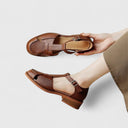 Women's Retro Woven T-Bar Sandals – Ankle Buckle Round Toe Low Block Heel