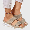Women's Rhinestone Double Strap Flatform Sandals – Open Toe Hook Loop Summer