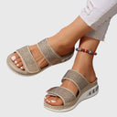 Women's Rhinestone Double Strap Flatform Sandals – Open Toe Hook Loop Summer