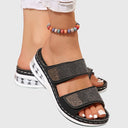 Women's Rhinestone Double Strap Flatform Sandals – Open Toe Hook Loop Summer