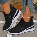 Women's Rhinestone Knit Low Top Wedge Sneakers – Lace Up Casual Everyday Trainer