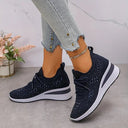 Women's Rhinestone Knit Low Top Wedge Sneakers – Lace Up Casual Everyday Trainer