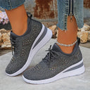 Women's Rhinestone Knit Low Top Wedge Sneakers – Lace Up Casual Everyday Trainer