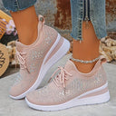 Women's Rhinestone Knit Low Top Wedge Sneakers – Lace Up Casual Everyday Trainer
