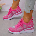 Women's Rhinestone Knit Low Top Wedge Sneakers – Lace Up Casual Everyday Trainer