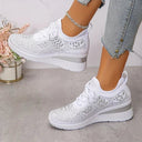 Women's Rhinestone Knit Low Top Wedge Sneakers – Lace Up Casual Everyday Trainer