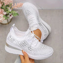 Women's Rhinestone Knit Low Top Wedge Sneakers – Lace Up Casual Everyday Trainer