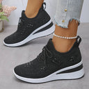 Women's Rhinestone Knit Low Top Wedge Sneakers – Lace Up Casual Everyday Trainer