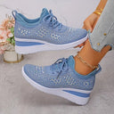 Women's Rhinestone Knit Low Top Wedge Sneakers – Lace Up Casual Everyday Trainer