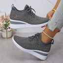Women's Rhinestone Knit Low Top Wedge Sneakers – Lace Up Casual Everyday Trainer