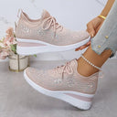 Women's Rhinestone Knit Low Top Wedge Sneakers – Lace Up Casual Everyday Trainer