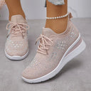 Women's Rhinestone Knit Low Top Wedge Sneakers – Lace Up Casual Everyday Trainer