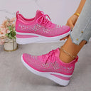 Women's Rhinestone Knit Low Top Wedge Sneakers – Lace Up Casual Everyday Trainer