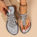 Women's Rhinestone T-Strap Flip Flop Sandals – Flat Metallic Glam Summer Shoes