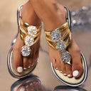 Women's Rhinestone T-Strap Flip Flop Sandals – Flat Metallic Glam Summer Shoes