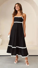 Women's Ric Rac Maxi Dress – Adjustable Strap Shirred Back Scallop Trim Sundress
