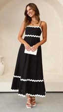 Women's Ric Rac Maxi Dress – Adjustable Strap Shirred Back Scallop Trim Sundress