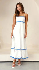 Women's Ric Rac Maxi Dress – Adjustable Strap Shirred Back Scallop Trim Sundress