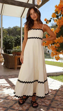 Women's Ric Rac Maxi Dress – Adjustable Strap Shirred Back Scallop Trim Sundress