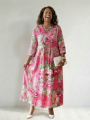 Women's Rose Floral Maxi – V Neck 3/4 Sleeve Gathered Waist Pocket Casual Summer Dress