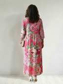 Women's Rose Floral Maxi – V Neck 3/4 Sleeve Gathered Waist Pocket Casual Summer Dress