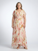 Women's Rose Floral Maxi – V Neck Flutter Sleeve Ruched Waist Dress