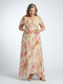 Women's Rose Floral Maxi – V Neck Flutter Sleeve Ruched Waist Dress