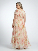 Women's Rose Floral Maxi – V Neck Flutter Sleeve Ruched Waist Dress