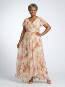 Women's Rose Floral Maxi – V Neck Flutter Sleeve Ruched Waist Dress