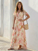 Women's Rose Floral Maxi – V Neck Flutter Sleeve Ruched Waist Dress