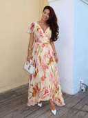 Women's Rose Floral Maxi – V Neck Flutter Sleeve Ruched Waist Dress