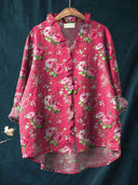 Women's Rose Floral Print Blouse – Ruffle V Neck Long Sleeve Casual Everyday Button Top