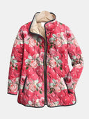 Women's Rose Heart Print Quilted Jacket – Stand Collar Snap Front Long Sleeve Spring Coat