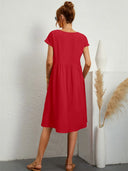Women's Round Neck Smocked Waist Midi Dress – Short Sleeve Pocket Casual Dress