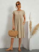 Women's Round Neck Smocked Waist Midi Dress – Short Sleeve Pocket Casual Dress
