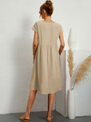 Women's Round Neck Smocked Waist Midi Dress – Short Sleeve Pocket Casual Dress