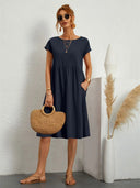 Women's Round Neck Smocked Waist Midi Dress – Short Sleeve Pocket Casual Dress