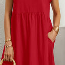Women's Round Neck Smocked Waist Midi Dress – Short Sleeve Pocket Casual Dress