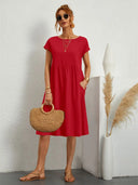 Women's Round Neck Smocked Waist Midi Dress – Short Sleeve Pocket Casual Dress