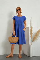 Women's Round Neck Smocked Waist Midi Dress – Short Sleeve Pocket Casual Dress