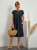 Women's Round Neck Smocked Waist Midi Dress – Short Sleeve Pocket Casual Dress
