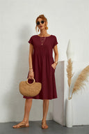 Women's Round Neck Smocked Waist Midi Dress – Short Sleeve Pocket Casual Dress