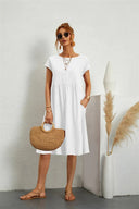 Women's Round Neck Smocked Waist Midi Dress – Short Sleeve Pocket Casual Dress