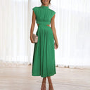 Women's Ruched Midi Dress – Mock Neck Cutout Waist Sleeveless Summer Party Dress