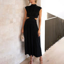 Women's Ruched Midi Dress – Mock Neck Cutout Waist Sleeveless Summer Party Dress