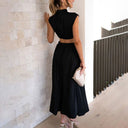 Women's Ruched Midi Dress – Mock Neck Cutout Waist Sleeveless Summer Party Dress