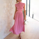 Women's Ruched Midi Dress – Mock Neck Cutout Waist Sleeveless Summer Party Dress