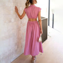 Women's Ruched Midi Dress – Mock Neck Cutout Waist Sleeveless Summer Party Dress